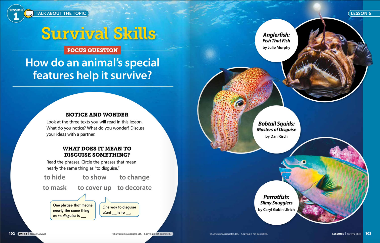 An opening spread for a unit about survival skills in the ocean.