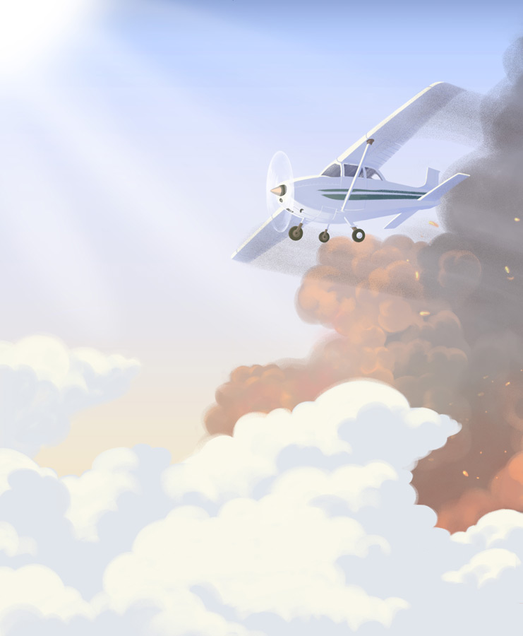 The plane emerges from the ash cloud into clear sky.