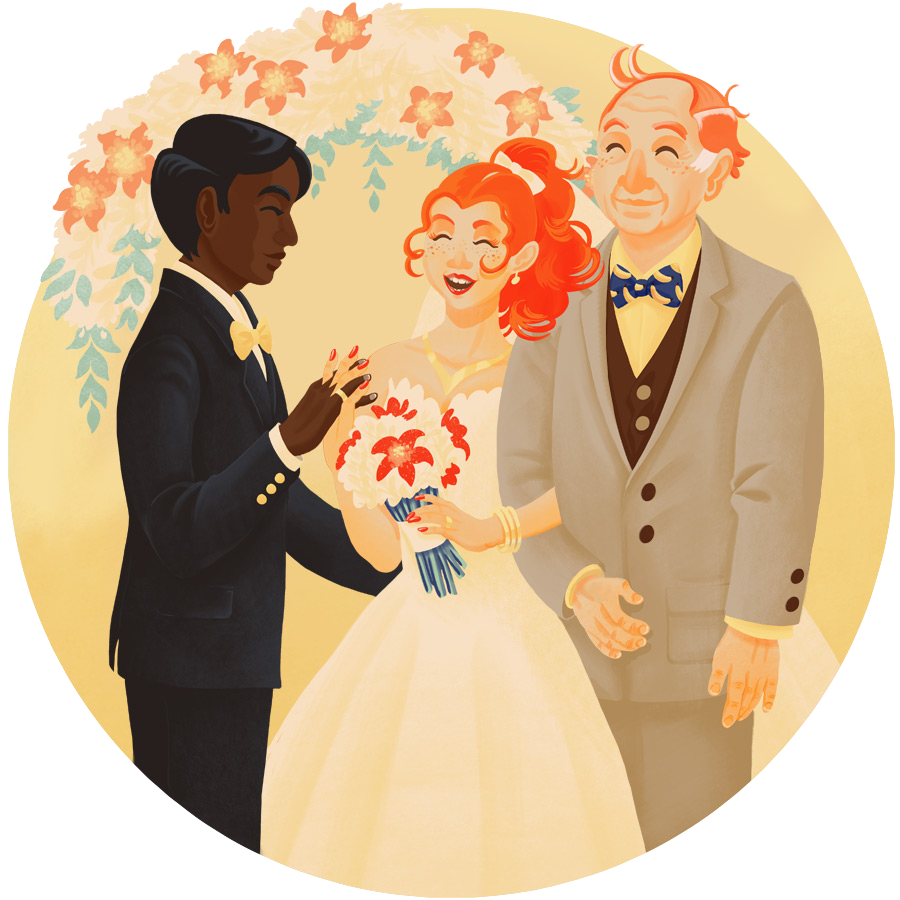 illustration of an old man standing tall as he gives his daughter away at her wedding.