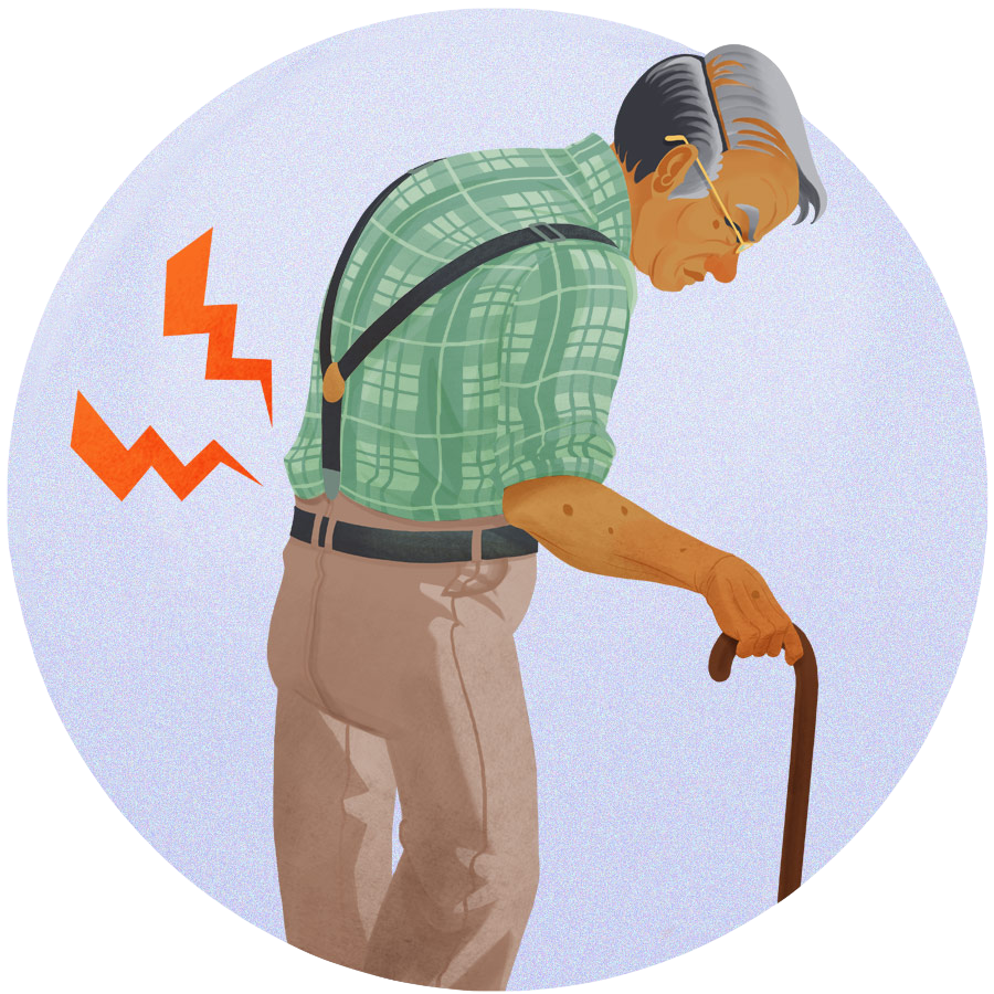 Illustration of an old man hunched over with back problems.