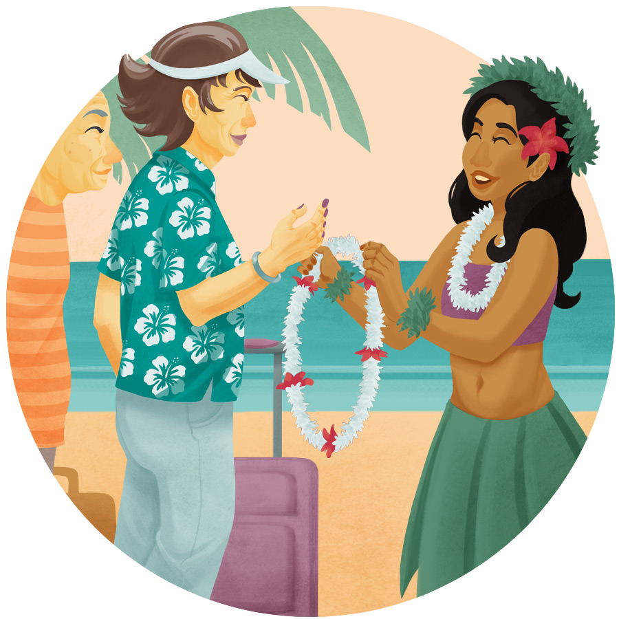 illustration of an old woman enjoying a Hawaiian vacation.