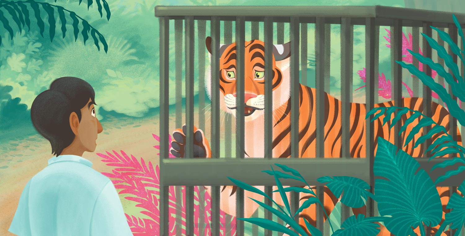 A caged tiger implores a man for help, promising not to eat him.