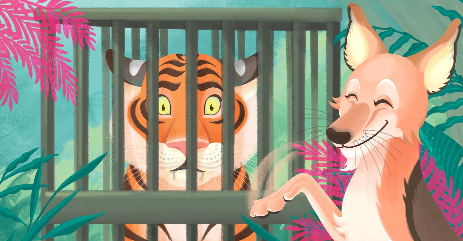 As the tiger re-enacts being trapped in the cage, Jackal quickly shuts him in.